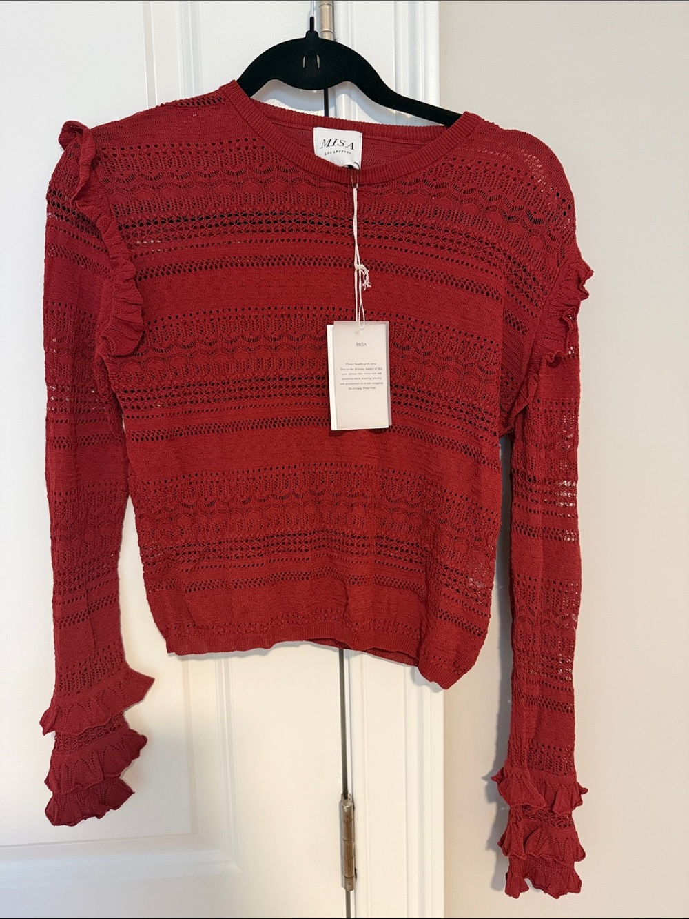 Misa Los Angeles Red Openwork Ruffle Knit Long-Sleeve Top
